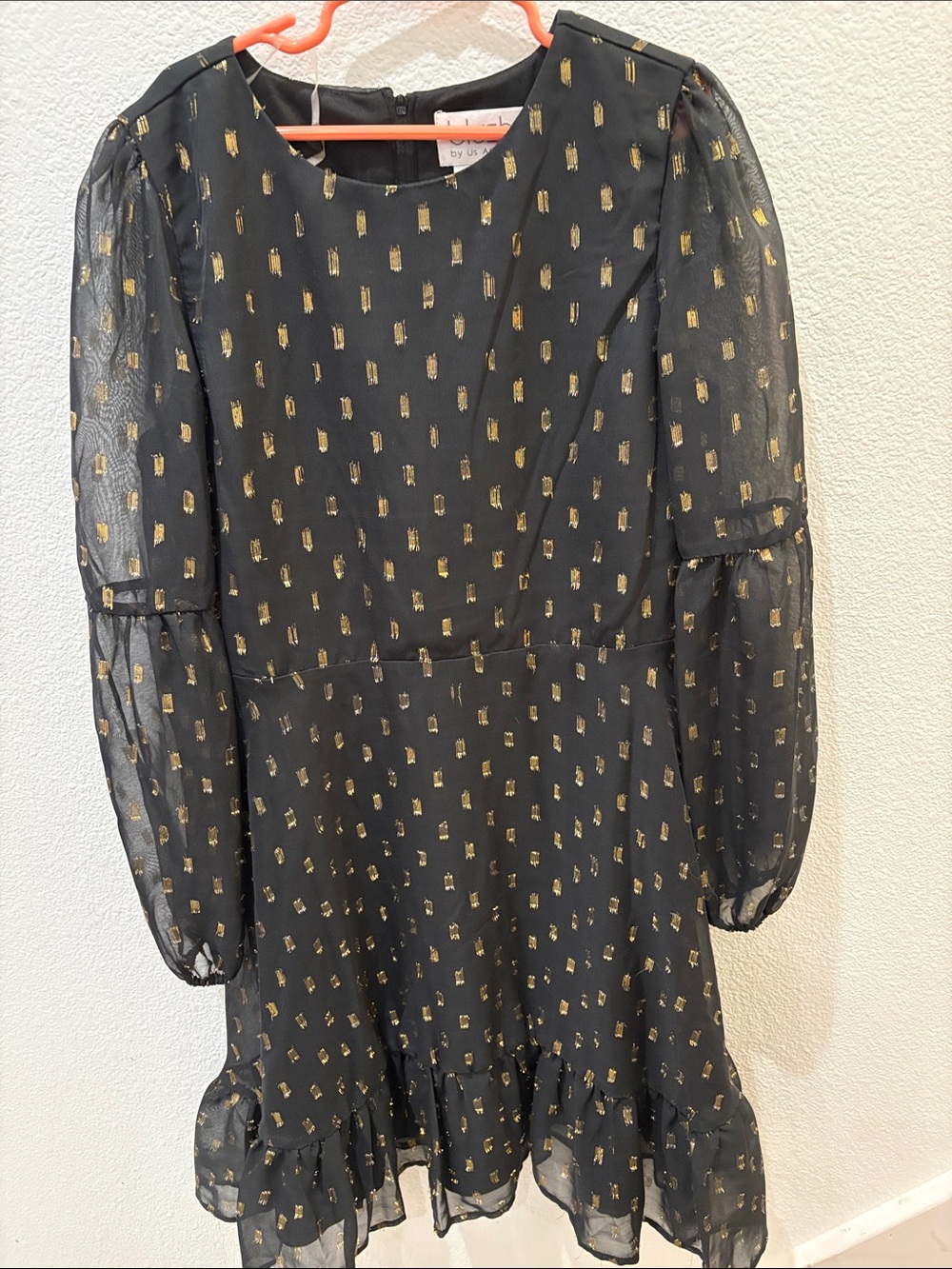Us Angels Black Dress with Gold Metallic Dot Accents